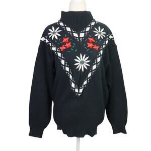 Vintage 80s Carriage Court black daisy floral embroidered sweater S